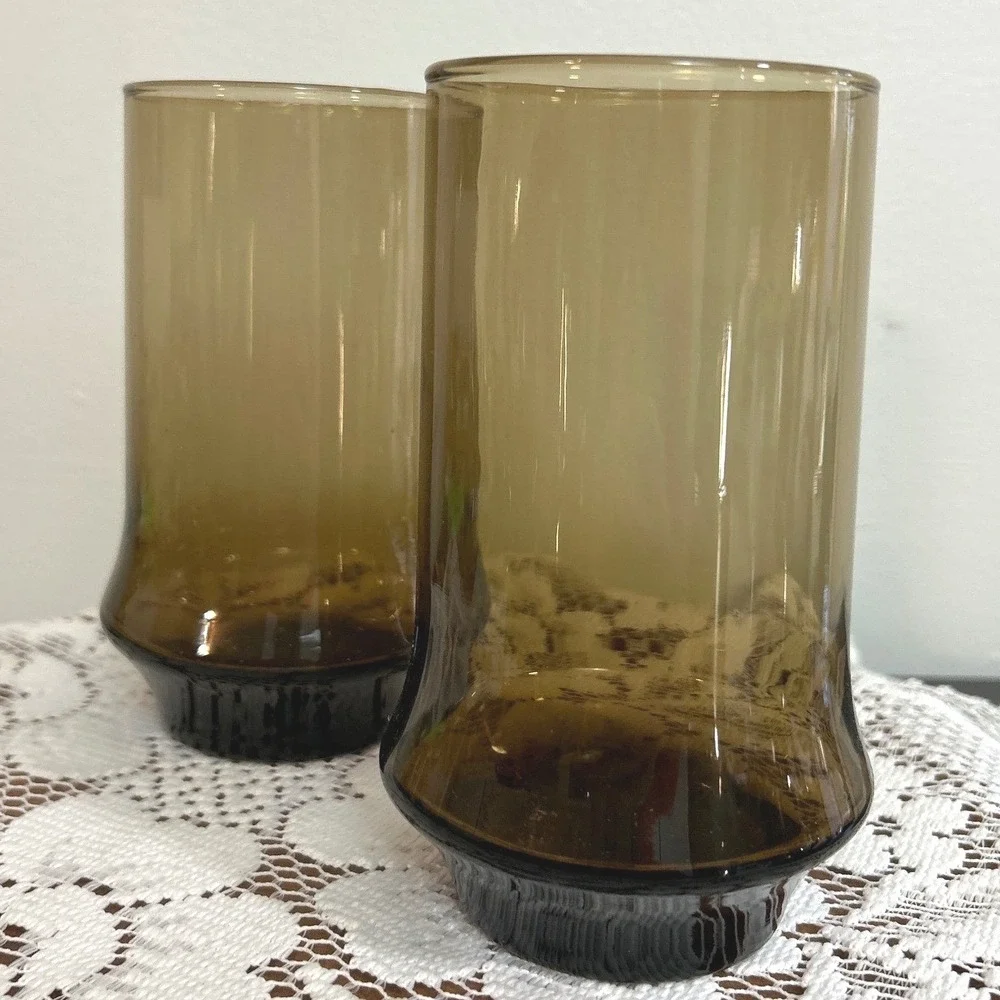 Libbey Glasses Smoke Brown Highball Tumblers Mid Century Flared 1970s Set of 2